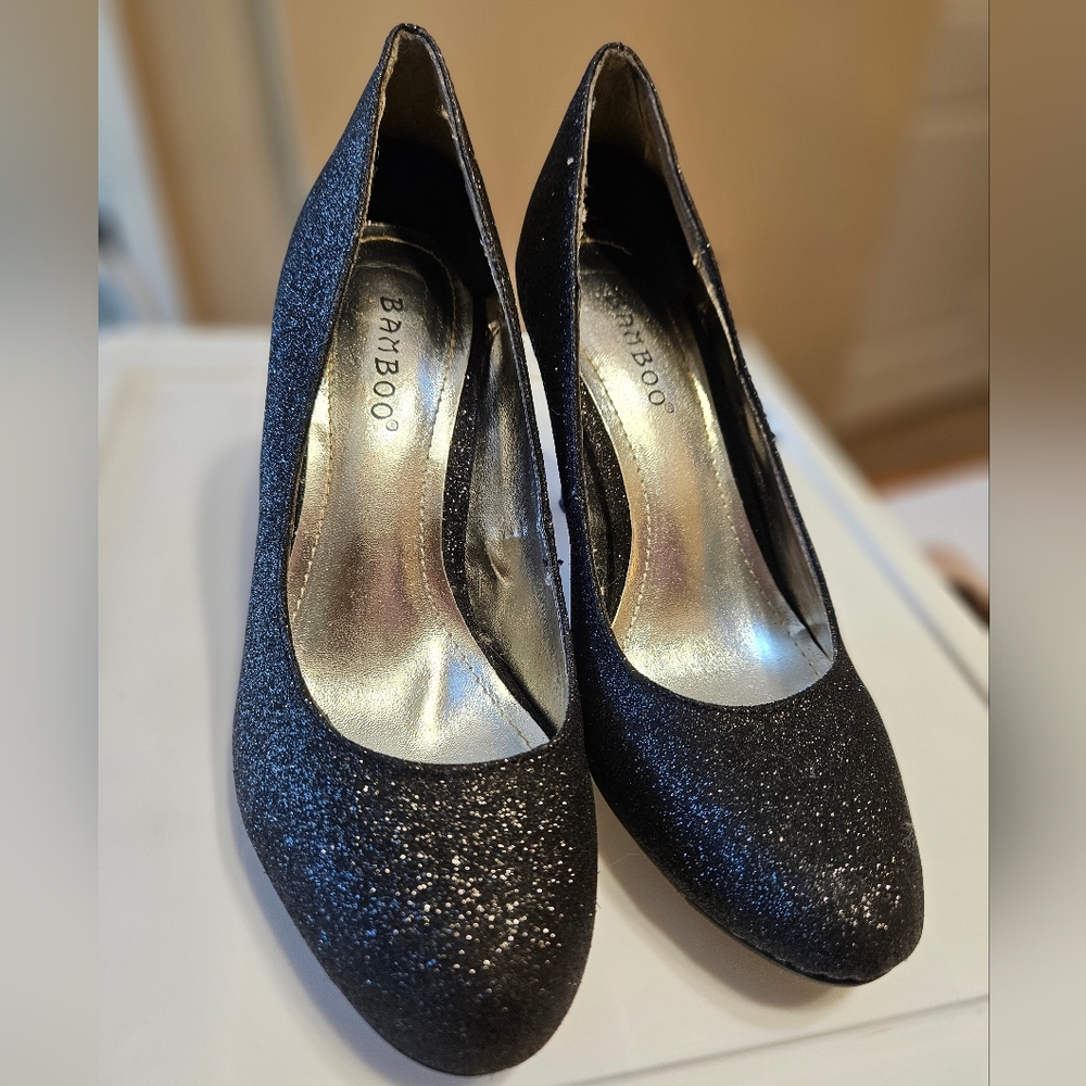 Women's Black Glitter Heels, 7